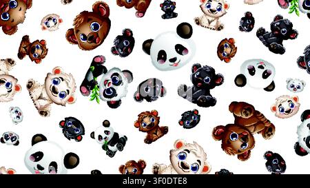 Vector seamless pattern with adorable cartoon panda, polar, grizzly, and black bear characters. Stock Vector