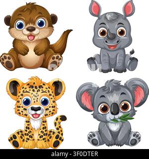 Vector illustration of four smiling baby animals isolated on white background in cartoon style. Stock Vector