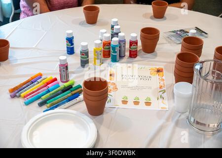 Paints markers terracotta plant pots arranged on craft table for floral project Stock Photo