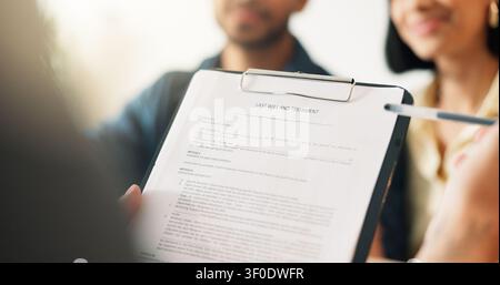 Hands, lawyer and reading document with couple, legal advisory and contract for last will. People, attorney and review with documents, inheritance Stock Photo