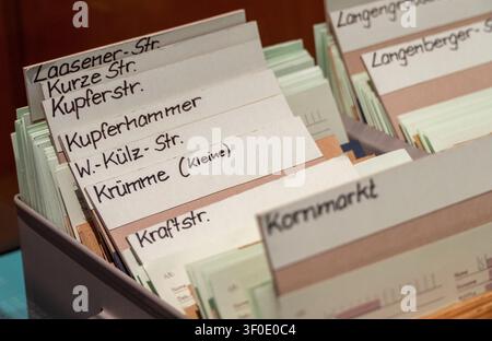 Close view of labeled archive index cards on display at the Berlin Stasi Museum in Berlin, Germany. Stock Photo