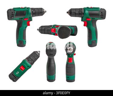Set of green and black cordless electric screwdrivers and bits isolated on white background. Stock Photo