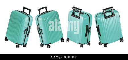 Row of four mint green plastic travel suitcases isolated on white background Stock Photo