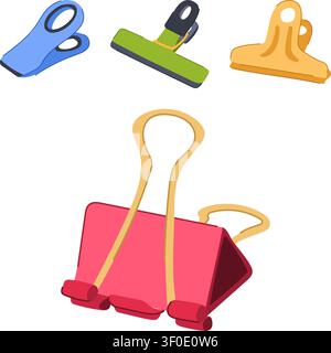 Assortment of different types of clips, including a binder clip, bag clips, and bulldog clip, providing versatile solutions for holding papers and sea Stock Vector