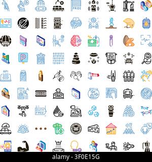 Set of various icons covering themes like healthcare, scientific research, innovative technology, business analytics, commerce, industry, education, a Stock Vector