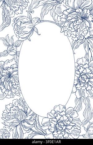 Oval frame with peony flowers. Vector, graphic illustration in blue. Hand-drawn. On a white background. For postcards, invitations, greetings, and Stock Vector