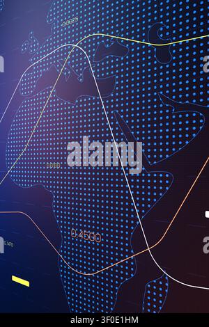 Chart showing stock exchange trading trends with data points and lines across a map outline Stock Photo