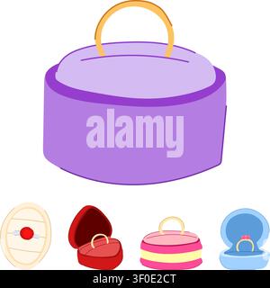 Assorted jewelry accessories and ring boxes featuring different shapes, colors, and styles, illustrating concepts of engagement, gifting, and precious Stock Vector