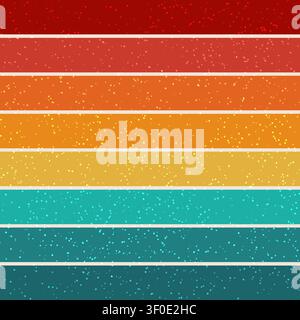 Retro 70s 80s vintage background vector with horizontal sunset stripes gradient from red orange yellow to teal color and speckles texture for minimali Stock Vector