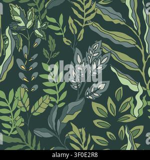 Dark Green Wavy Botanical Leaves Print Stock Vector