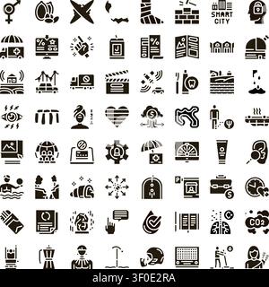 Diverse set of solid glyph icons representing numerous concepts including smart city, medicine, technology, gender, environment, and abstract symbols Stock Vector