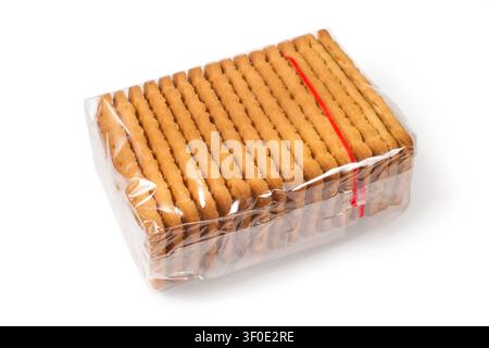 Packaging of biscuits on a white background. Biscuits in transparent packaging. Stock Photo
