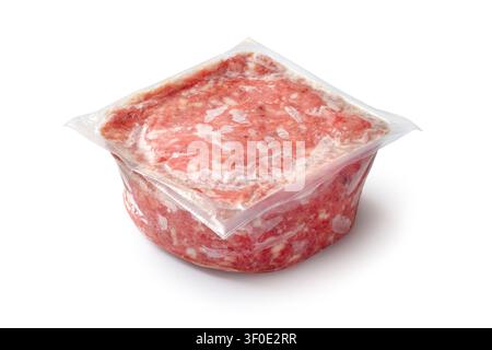 Vacuum-packed minced meat on a white background. Minced meat packaging isolated with shade Stock Photo