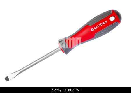 Modern red slotted screwdriver on a white background. The screwdriver is isolated close-up. Stock Photo