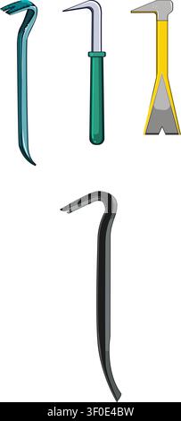 Collection of essential hand tools featuring various pry bars, ideal for construction, renovation, demolition, and general home improvement projects, Stock Vector