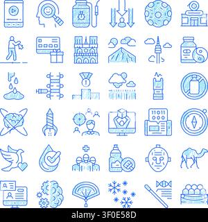 Hand drawn blue doodle icons representing a wide range of subjects, including digital media, medical health, travel, nature, business, and artificial Stock Vector