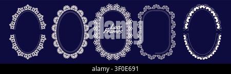 Collection of lace scalloped oval frames on blue background. Stock Vector