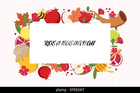 Colorful Rosh Hashanah illustration with apples, honey, pomegranates, shofar, bee, and flowers Stock Vector