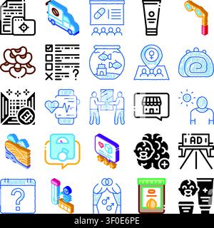 Collection of conceptual and descriptive isometric and doodle icons representing various elements of business, delivery, health, lifestyle, and techno Stock Vector