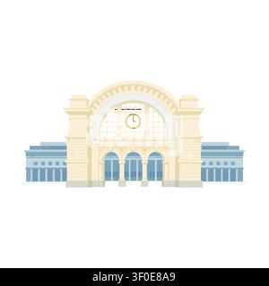 Classical railway station facade with arched window and clock, flat vector illustration Stock Vector
