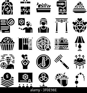 Diverse glyph icon set depicting everyday conceptshealth, food, travel, tech, education, shopping, services and comfort itemsflat black and white vect Stock Vector