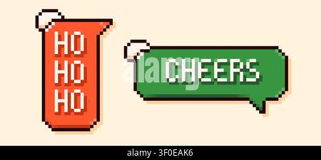Pixel art Joy and ho-ho-ho speech bubbles. White text on red and green backgrounds with snow flake. Stock Vector