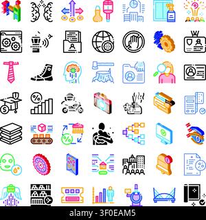 Variety of colorful isometric 3d and outline icons representing diverse concepts including technology, business, education, security, medical, logisti Stock Vector