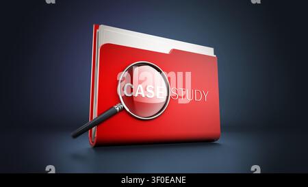 Case study text under magnifying glass standing on red folder. 3D illustration. Stock Photo