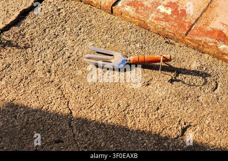Small garden hand fork with wooden handle resting on rough ground Stock Photo