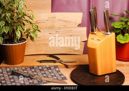 Kitchen knives in a wooden block with plants and natural wood background Stock Photo