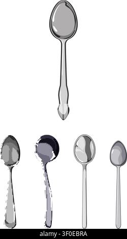 Collection of different sized metal spoons for food, illustrating kitchen utensils and silverware on a clean white background, representing cooking an Stock Vector
