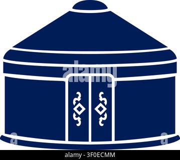 Flat illustration of a round nomadic yurt tent with striped roof details and decorated front doors Stock Vector