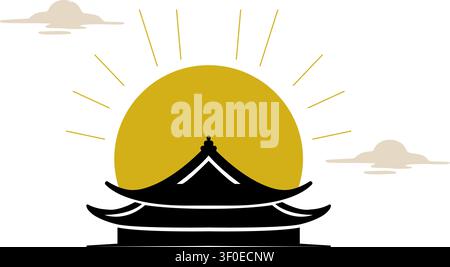 Flat illustration of a traditional temple roof silhouette placed in front of a large golden sunrise with light clouds Stock Vector