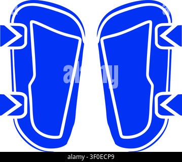 Flat illustration of a matching pair of blue sports shin guards with white outlines and side straps Stock Vector