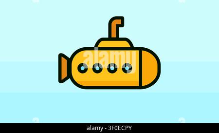 Flat illustration of a small yellow submarine floating on calm blue water with circular portholes Stock Vector