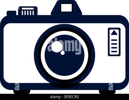 Flat illustration of a retro compact camera shown from the front with a large circular lens and simple body details Stock Vector