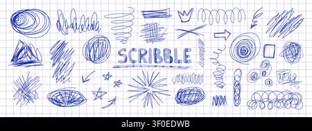Messy pen doodles and scribbles create chaotic hand-drawn lines vector illustration set. Stock Vector