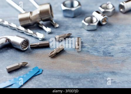 Hand tools on a wooden background. Close up. Stock Photo