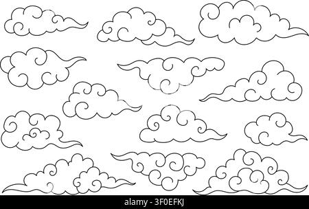 Oriental Asian clouds decorative motif featuring traditional symbol Japan, Korea, and Thailand vector illustration set. Stock Vector