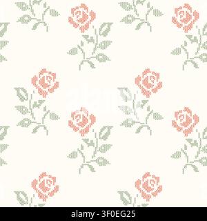 Red and green cross-stitch embroidery roses seamless pattern on beige background. A geometric pixelated needlework vintage floral wallpaper for Stock Vector