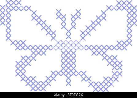 Ornate lavender cross stitch butterfly isolated on white background. A geometric pixelated embroidery insect motif for cottagecore crafts, textiles Stock Vector