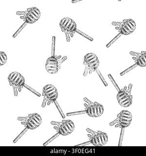 seamless pattern Honey dipper stick dripping golden amber honey, hand drawn line illustration on white background symbolizing natural, organic food, h Stock Vector