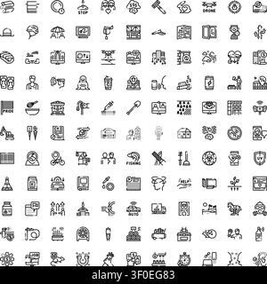 Large collection of diverse line art icons illustrating various abstract concepts, everyday objects, activities, and modern technologies, creating a v Stock Vector