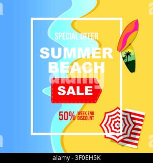 A creative square promotional flyer for summer weekend sales showcasing flat surfboards, an umbrella, and a striped mat from a top-down perspective. Stock Vector