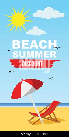 A vertical mobile marketing template featuring a serene seaside view with a lounge chair and umbrella for social media summer stories. Stock Vector