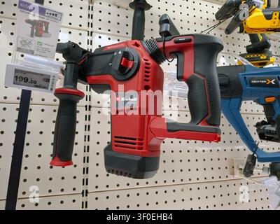 DENIA, SPAIN - October 5, 2025.In store in Spain, several drills hang neatly on display, highlighting various models suited for home improvement tasks Stock Photo