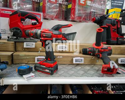 DENIA, SPAIN - October 5, 2025.Several drills are arranged on a shelf in a store in Spain. They are well-organized, making it easy for customers to co Stock Photo