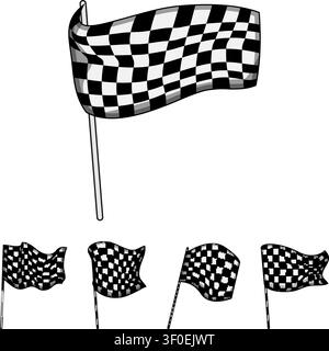 Multiple standard chequered flags on poles waving in different orientations against a white background, representing victory, achievement, and the end Stock Vector