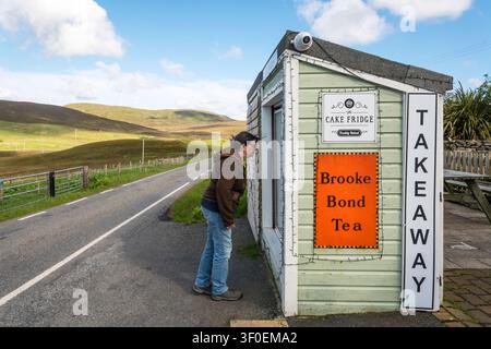 A woman looking in the roadside cake fridge at East Burrafirth on Shetland Mainland. Stock Photo