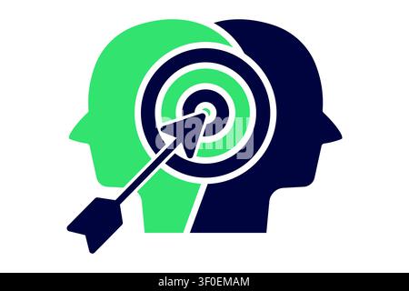 Goal icon. solid icon style. icon related to target. showing two overlapping human head facing opposite directions with a target and arrow in the cent Stock Vector